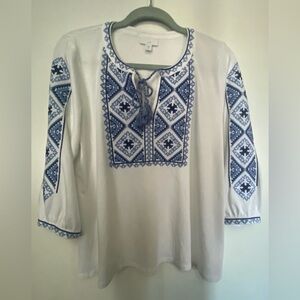 J. Jill White Blouse with Blue Embroidery